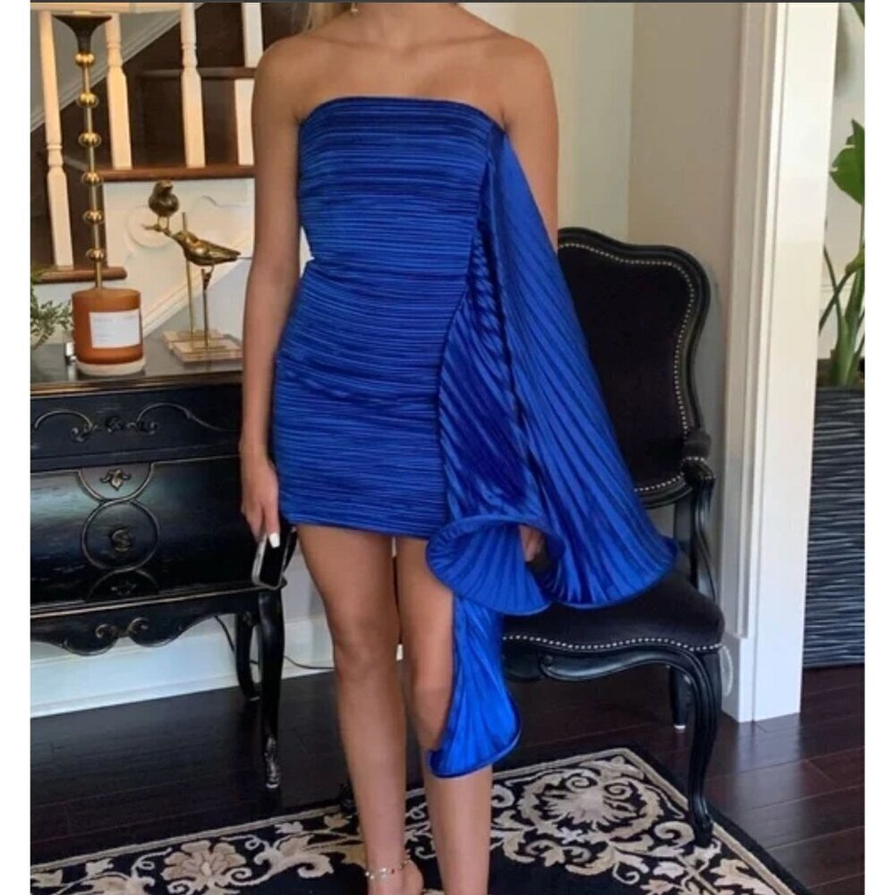 Amur Kayleigh Pleated Satin Mini Dress Cobalt Blue Womens Size 8